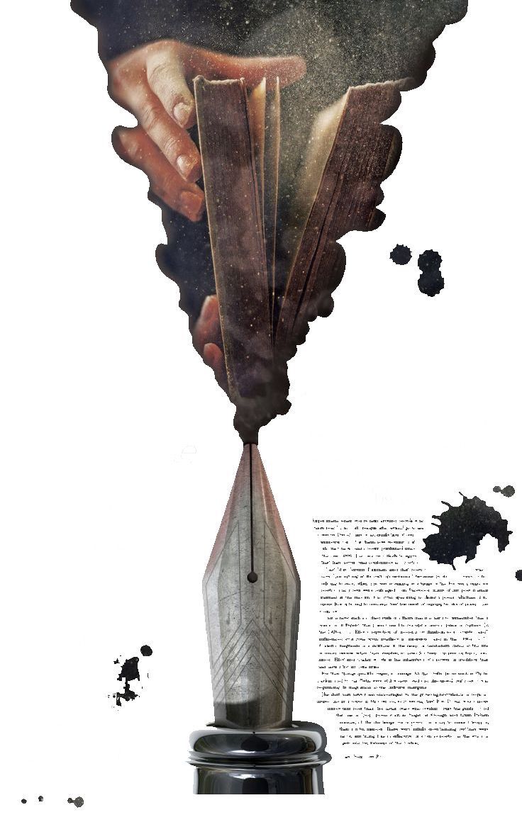 A fountain pen exhaling smoke that becomes hands holding an open book