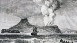 Ilustrasi letusan Gunung Api di Pulau Krakatau, Agustus 1883. (Foto:Pelopor.id/Deagostini/Getty Images/Dea Picture Library)