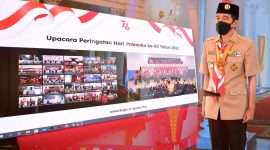 Presiden Jokowi dalam Upacara Peringatan Hari Pramuka Ke-60 Tahun 2021, Sabtu, 14 Agustus 2021 pagi, secara virtual dari Istana Kepresidenan Bogor, Jawa Barat.. (Foto:Pelopor.id/Setkab)