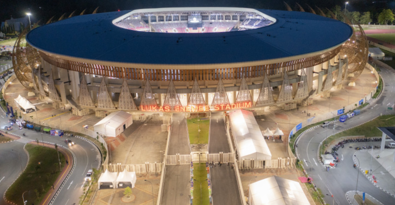Foto udara Stadion Lukas Enembe PON Papua. (Foto: Pelopor/ANTARA FOTO/Nova Wahyudi/wsj)