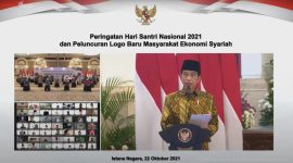 Presiden Joko Widodo saat memberikan sambutan pada Peringatan Hari Santri Nasional Tahun 2021 dan Peluncuran Logo Baru MES, Jumat (22/10/2021), di Istana Negara, Jakarta. (Foto: Pelopor/YouTube Sekretariat Presiden)