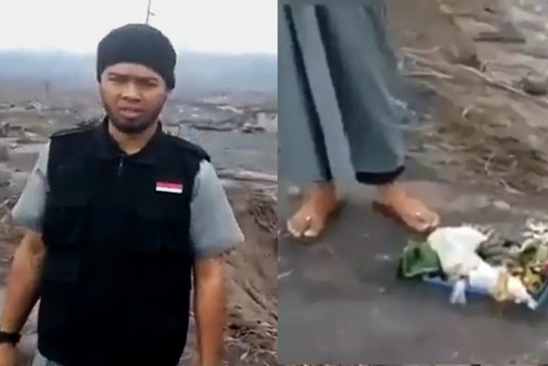 Viral Pria Tendang Sesajen di Lokasi Erupsi Semeru, Begini Tanggapan MUI dan Reaksi Bupati Lumajang. (Foto: pelopor.id/Kolase tangkapan layar)