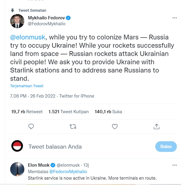 Cuitan Wakil Perdana Menteri dan Menteri Transformasi Digital Ukraina Mykhailo Fedorov, melalui twitter @FedorovMykhailo
