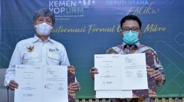 KemenkopUKM dan Bank DKI melakukan penandatanganan perjanjian kerjasama pembiayaan dalam rangka pembiayaan subsidi bunga/subsidi marjin KUR. (Foto:Pelopor.id/KemenkopUKM)