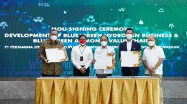 Pertamina, PT Pupuk Indonesia dan Mitsubishi Corporation Sepakat Kembangkan Bisnis Blue/Green Hydrogen dan Ammonia. (Foto: Pelopor.id/Kementerian BUMN) 