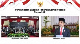 Presiden Jokowi dalam sambutannya pada Penyampaian Laporan Tahunan KY Tahun 2021, secara virtual dari Istana Negara, Jakarta. (Foto: Pelopor.id/setkab.go.id) 