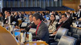 Menteri Kelautan dan Perikanan Sakti Wahyu Trenggono saat menyampaikan pidato terkait komitmen Pemerintah Indonesia dalam mengelola sektor kelautan dan perikanan secara berkelanjutan, pada Sidang Committee on Fisheries (COFI) ke-35 di Roma, Italia, Senin (5/9/2022). (Foto: Dok KKP)
